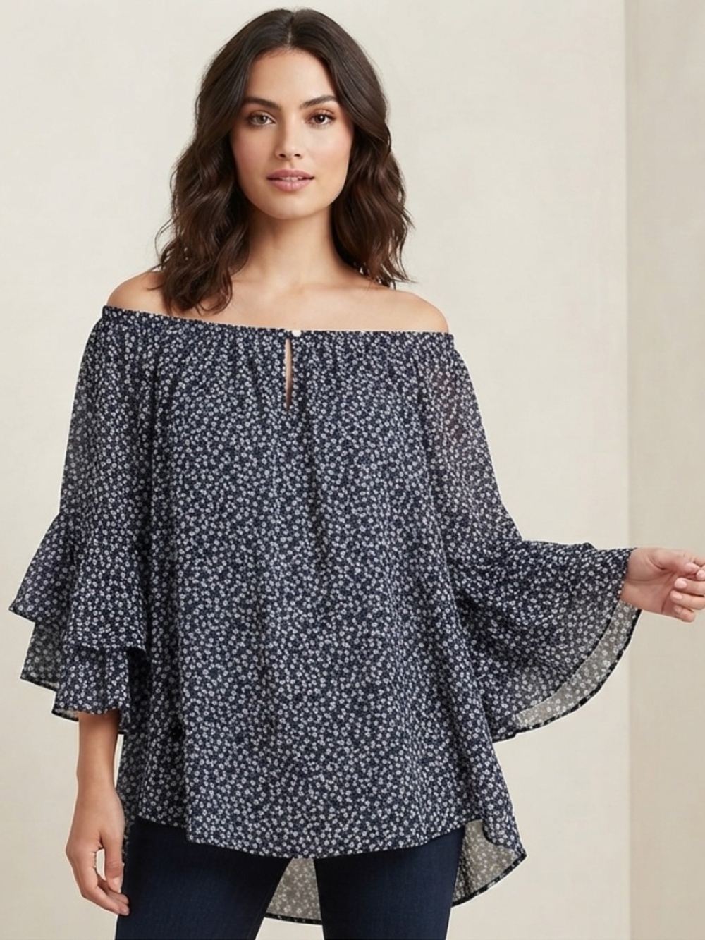 Chaps Navy Blue & White Ditsy Floral Vintage VibesTiered Ruffle Sleeve Blouse 1X